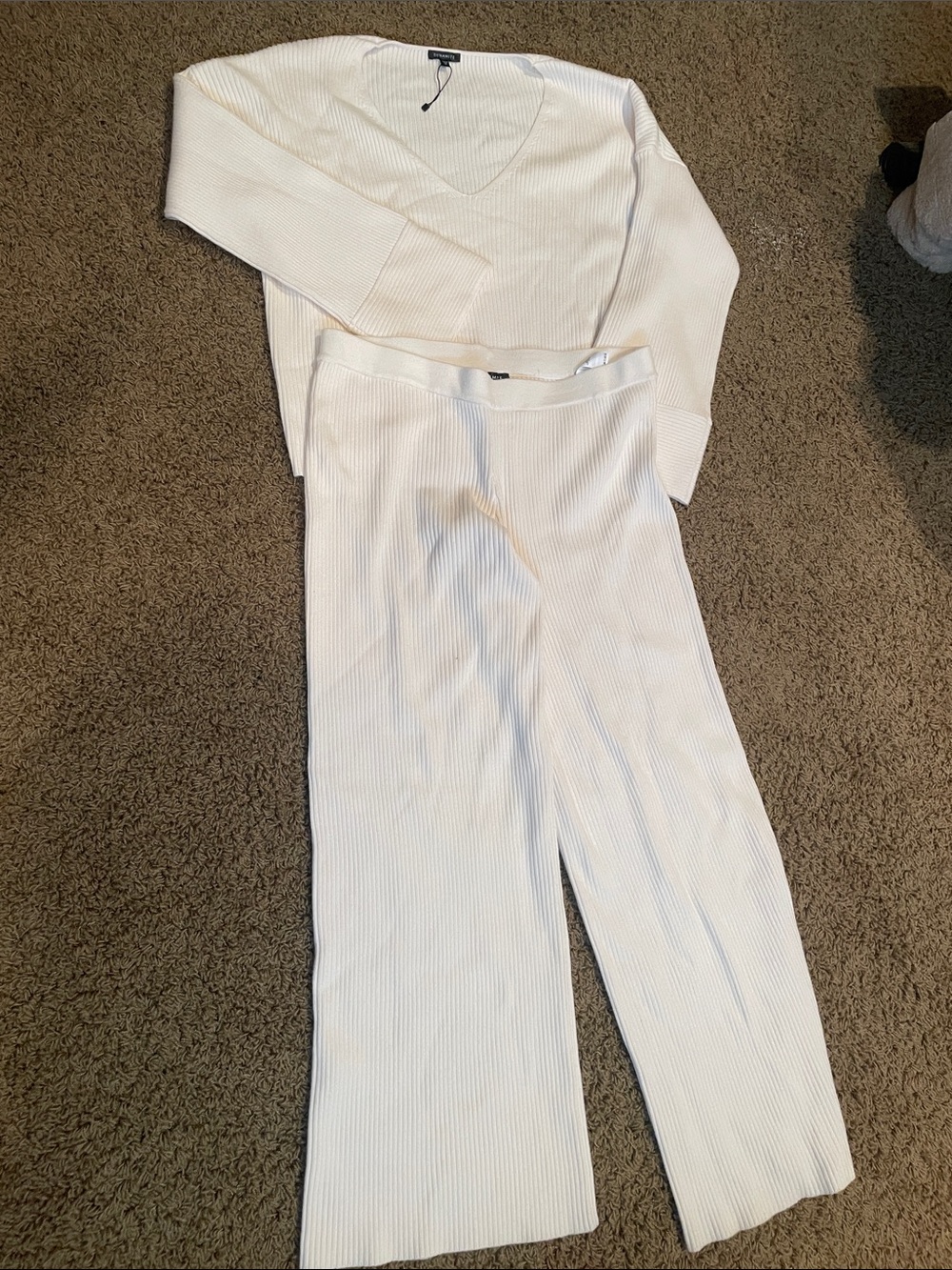 Ribbed Knit Set in Cream - Women's - Long sleeve and wide leg